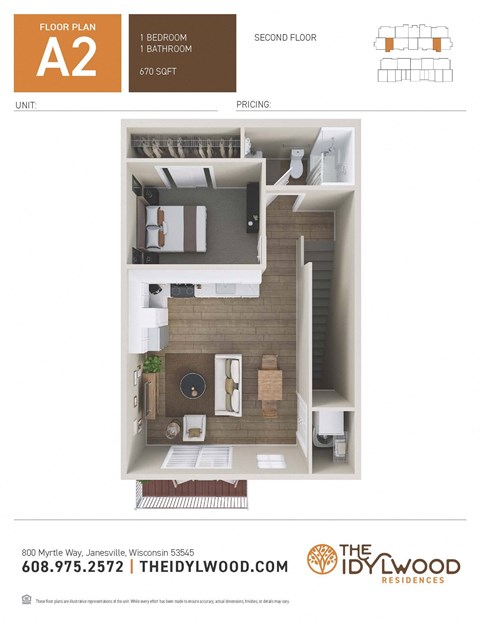 Floor plan for studio, 1 bath, 670 sqft